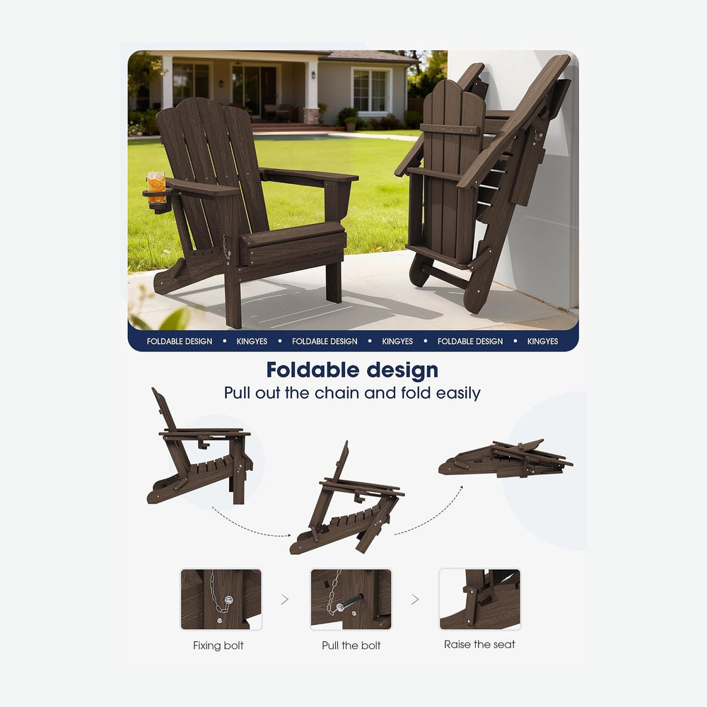 KINGYES Folding Adirondack Chair with Cup Holder, Coffee