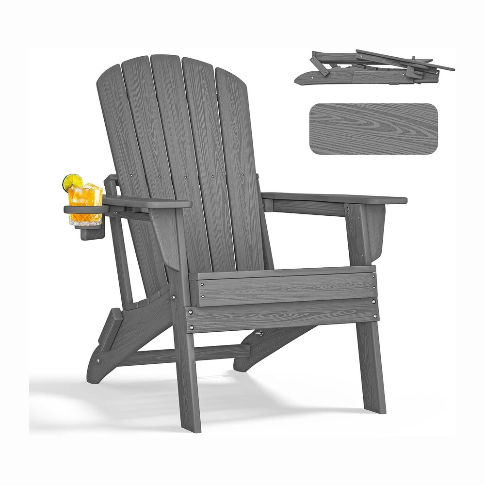 nevilywood Folding Adirondack Chair, HDPE Ergonomic Cup Holder, Gray