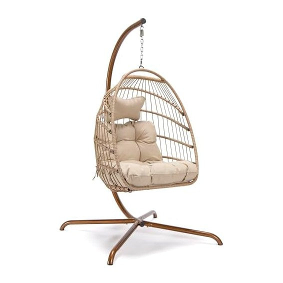 NICESOUL Cozy Hanging Egg Chair with Stand Indoor Outdoor, Wicker Patio Basket Swing Chair with Cushion and Golden Legs, 350lbs Durable Sturdy Egg Hammock Chairs for Deck Balcony Backyard Porch, Cream