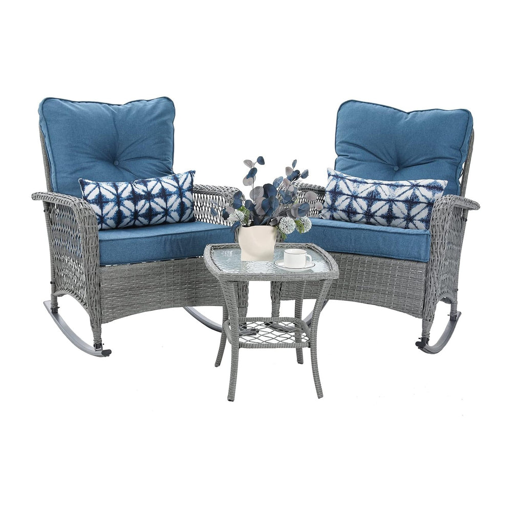 Patio Furniture Set 3 Pieces, Wicker Outdoor Rocking Bistro Set, Blue