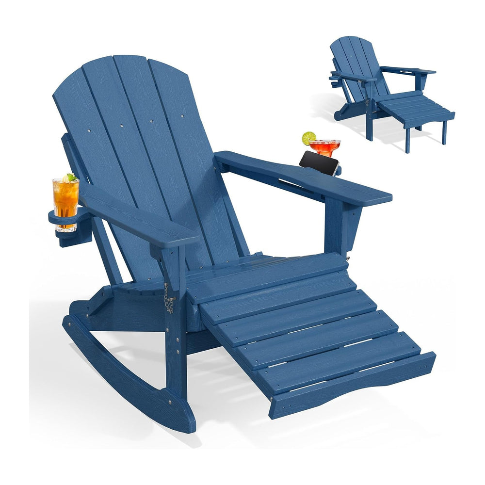 PLUUV Folding Adirondack Rocking Chair with Retractable Ottoman, Navy Blue