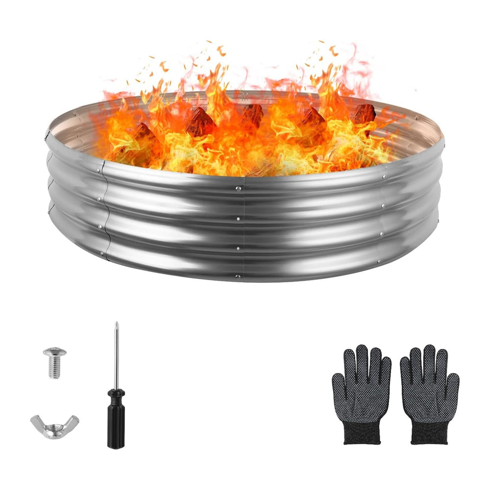 Raynesys 36" Round Galvanized Fire Pit Ring for Outdoor Wood Burning Silver