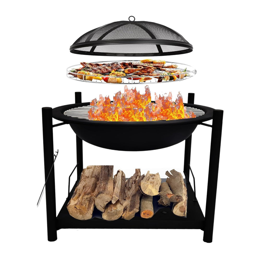 SereneLife Outdoor Wood Fire Pit - 26" Steel BBQ Grill with Mesh Spark S...