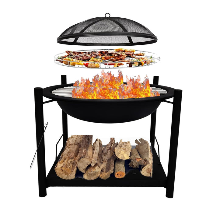 SereneLife Outdoor Wood Fire Pit - 26" Steel BBQ Grill with Mesh Spark Screen, Log Grate, Fire Poker & Cover for Camping, Picnic, Bonfire - Durable, Easy to Assemble, 2 in 1