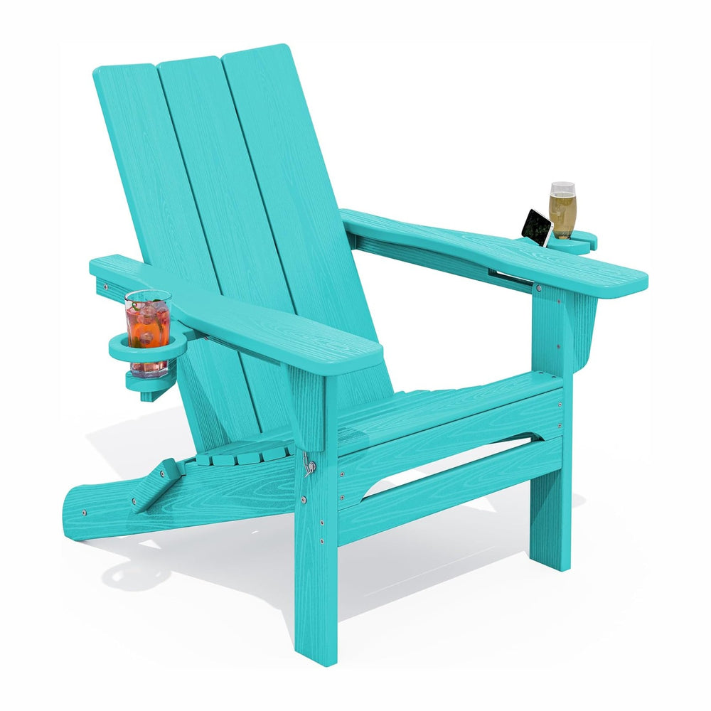 SERWALL HDPE Modern Folding Adirondack Chair with Dual Cup Holder, Teal