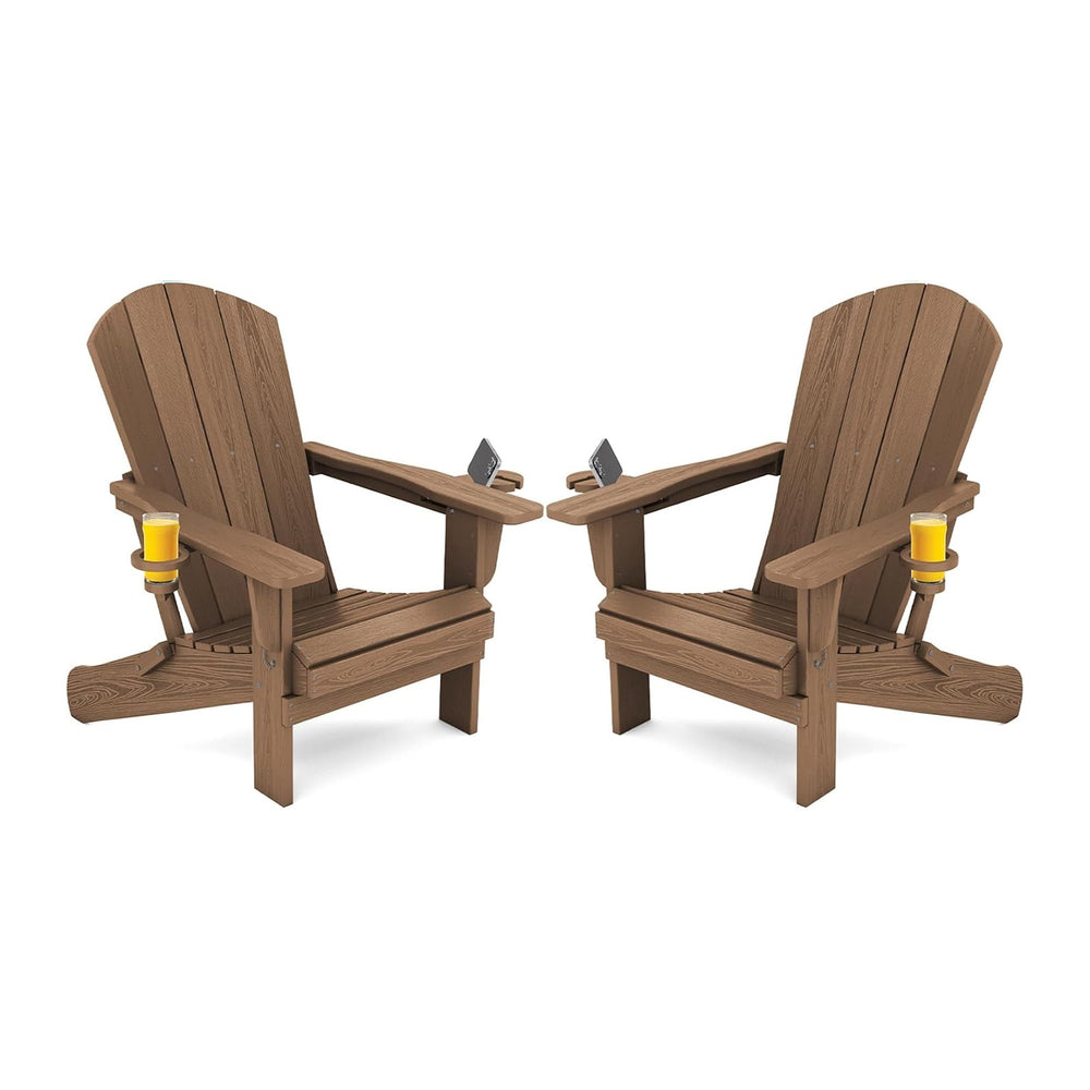 SERWALL Outdoor Adirondack Chair Set of 2 with Cup Holders,Foldable,Brown