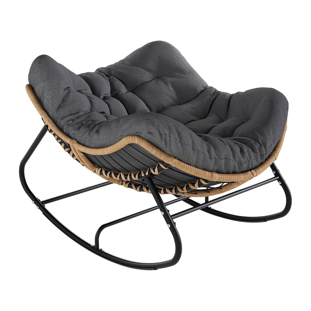 SWITTE Papasan Rocking Chair, Outdoor Wicker Egg Rocker with Cushion, Grey
