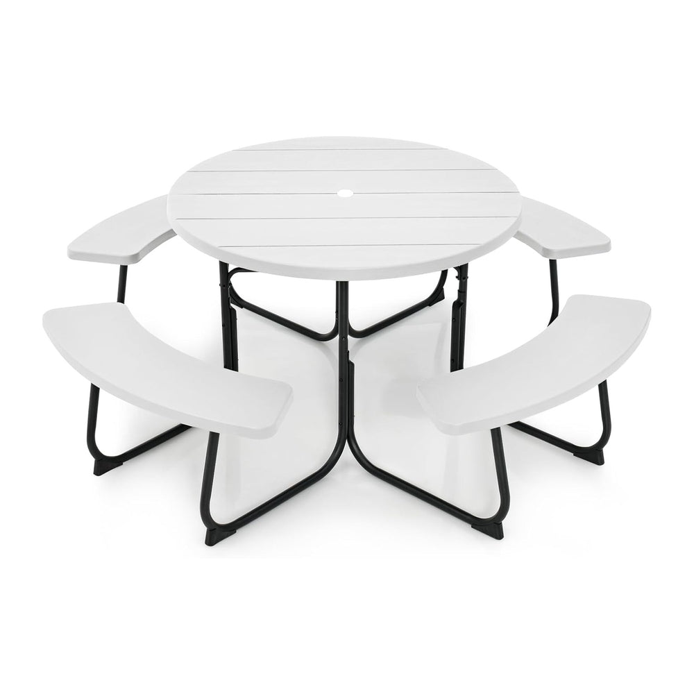 Tangkula 8 Person Picnic Table, Outdoor Round Picnic Table with 4 Built-in Be...