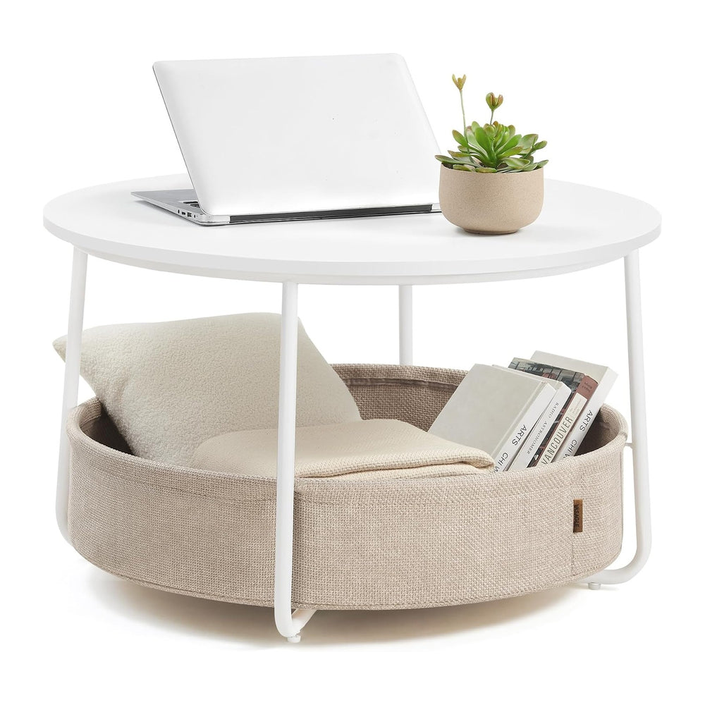 VASAGLE Round Coffee Table with Storage, Fabric Basket, Metal Frame