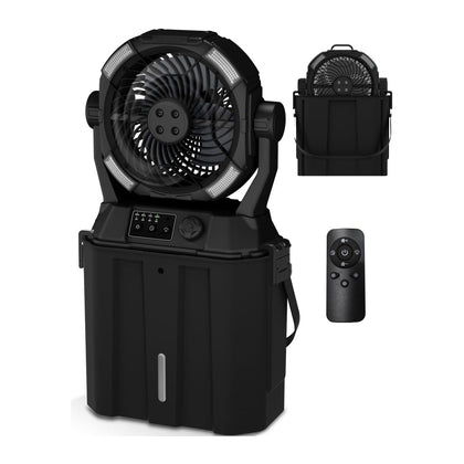 Wilody Portable Misting Fan Rechargeable with Remote Control, 6L Bucket Camping Fan with LED Lights & Stepless Speed Control & Cooling Mist, Portable Handle & Rotate Hook, Timer Function